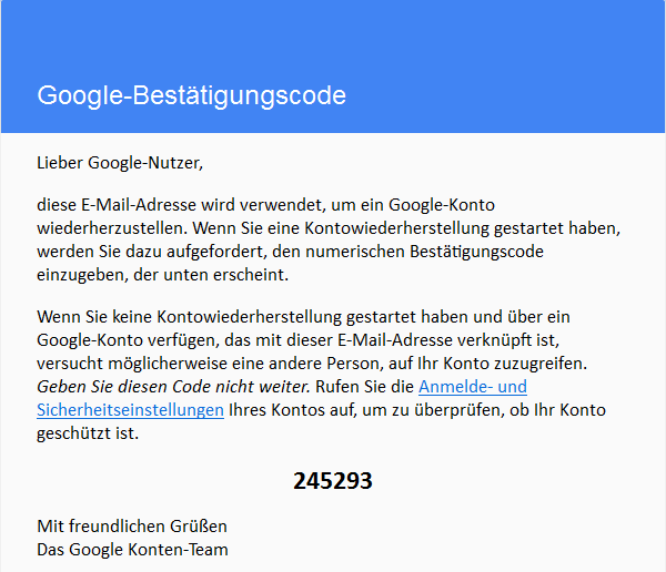 Google Bestätigungscode