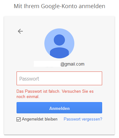 Google falsches Passwort